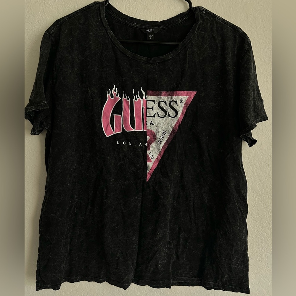 Guess Black Tee with Pink and White Graphic